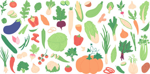 Fresh sliced and whole vegetable doodles, healthy food ingredients. Hand drawn organic farmer harvest, exotic vegetables, tomato and pepper slices, vitamin rich vegetarian food sticker vector set