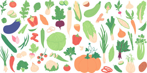 Fresh sliced and whole vegetable doodles, healthy food ingredients. Hand drawn organic farmer harvest, exotic vegetables, tomato and pepper slices, vitamin rich vegetarian food sticker vector set