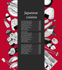 Japanese Restaurant Menu. Hand-drawn illustration of dishes and products. Ink. Vector	 - 763131383