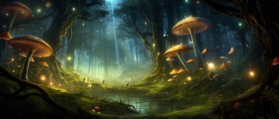 magic mushroom forest with fireflies