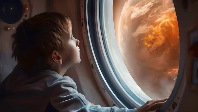 Child gazes at a glowing planet from a spaceship, evoking wonder and vastness of space. Slow motion 4k video