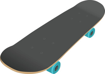 Skateboard plywood deck with blue wheels angled aspect top front side view isolated vector illustration