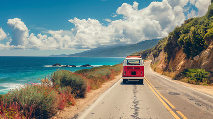 A red and white bus gracefully cruises down a picturesque coastal road, with the shimmering ocean as a stunning backdrop - obrazy, fototapety, plakaty
