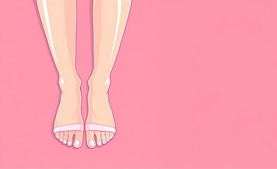 Bare female legs and feet with pedicure on pink background.  Spa and wellness concept for design and print.Flat lay composition with copy space.