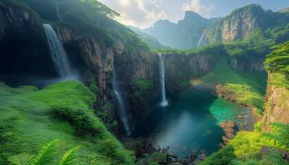three waterfalls coming from a mountainous forest creating a small lake of clear water in a valley