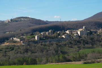 Panoramic view of Montesanto, the arrival station of the Tibetan bridge and the Umbrian countryside, Italy