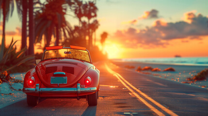 A vibrant red car cruises down a winding coastal road next to the sparkling ocean on a sunny day, embodying the essence of a summer road trip - obrazy, fototapety, plakaty