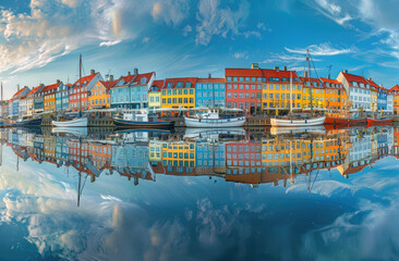 panoramic view of the colorful houses and boats in Copenhagen, reflections on the water, beautiful sky