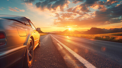 A lone car travels down a scenic road during sunset, casting a warm glow on the surroundings - obrazy, fototapety, plakaty