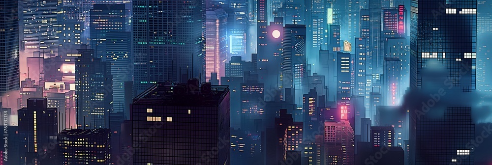 Wall mural Dark synth 32 bit style misty skyline of a dense city at night with skyscrapers.