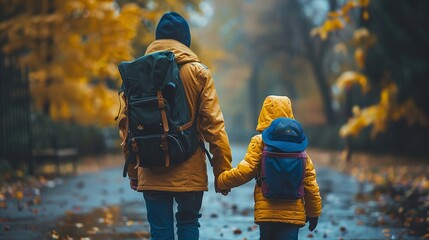 A smiling father and a child walking hand in hand to school. Generative Ai - obrazy, fototapety, plakaty