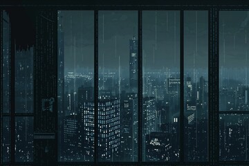 Dark synth 32 bit style misty skyline of a dense city at night with skyscrapers. - obrazy, fototapety, plakaty
