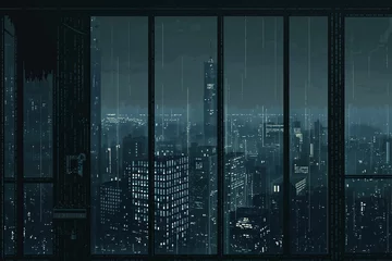 Foto op Plexiglas Dark synth 32 bit style misty skyline of a dense city at night with skyscrapers. © W&S Stock