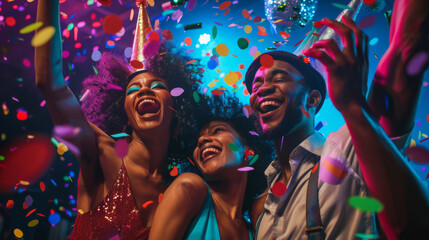Four friends are celebrating with arms raised amidst a shower of confetti. - obrazy, fototapety, plakaty