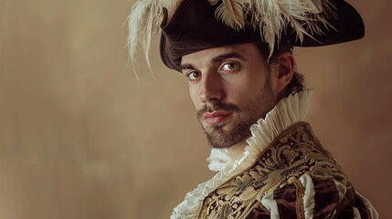 Man dressed in elaborate Baroque costume with feathered hat. Studio portrait for historical drama concept, fashion editorial.

 - obrazy, fototapety, plakaty