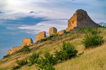 Ruins of the Byzantine castle of Gynaikokastro near the city of Kilkis in northern Greece at sunset - 763132179