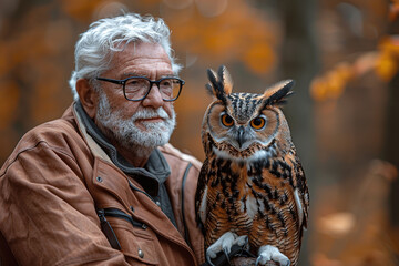 man with owl in autumn forest. Close-up portrait showcasing wildlife friendship and bird training concept, suitable for educational material, poster