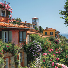 Fototapeta na wymiar houses in the village of island, flower garden of a beautiful country house in spring 