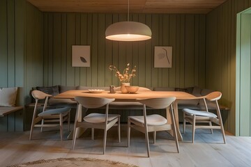 Wooden dining table and chairs against green wall. Scandinavian, mid-century home interior design of modern dining room