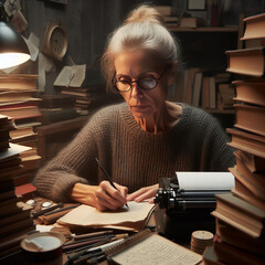 Mature woman writing on her notepad - obrazy, fototapety, plakaty