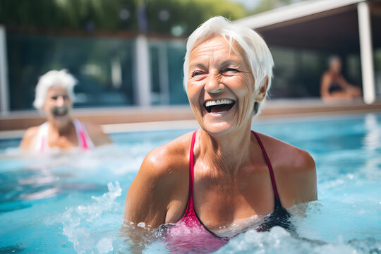 Cheerful, active older women enjoying water aerobics classes in the pool