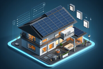 Smart autonomous home infographic: solar panels, battery storage, and alternative technologies