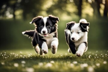 Black and white border collie puppy running on the grass in the park. - obrazy, fototapety, plakaty