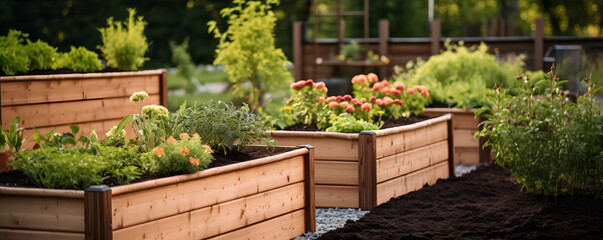 Close-up of wooden beds in modern garden with planted greenery