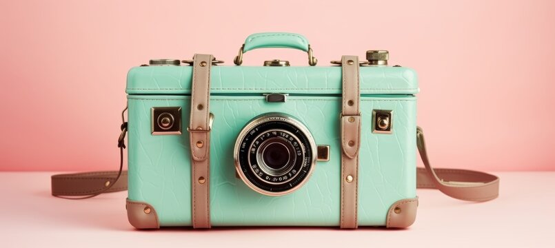 Vintage camera mockup with pastel colors and copy space for text, retro photo effect