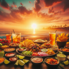 Illustration of a table with Mexican food at sunset next to the sea