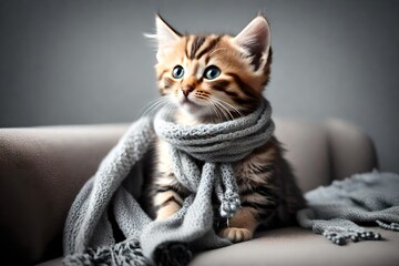 Cute kitten with scarf sitting on grey sofa