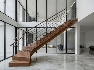Wood stairs and marble floor in modern entry hall with door.

