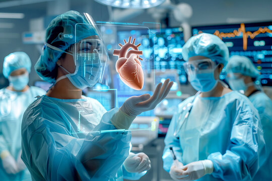 Team of Cardiac Surgeons Discussing Over Holographic 3D human model Heart in operating room in hospital