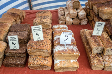 Breads for sale on food market with traditional Polish food in Warsaw, Poland