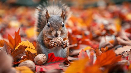 Fotobehang A squirrel among the vibrant fallen leaves, clutching a nut in its hands. Generative Ai © Abu