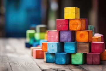Colorful Wooden Blocks Arrangement on Display