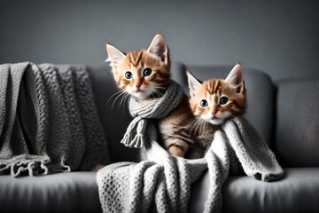 Cute kitten with scarf sitting on grey sofa