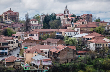 Sighnaghi town in Kakheti region, vie with clock tower of Town Hall, Georgia