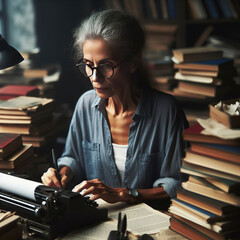 Mature woman writer on her desk with a typewriter - obrazy, fototapety, plakaty