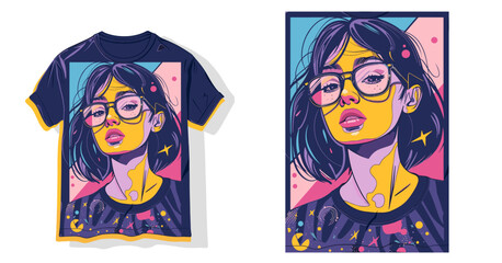 Colorful vector illustration of a beautiful girl in glasses and a T-shirt.