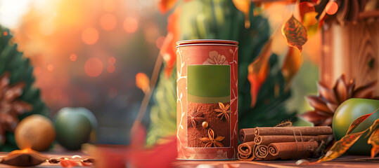 A red tin of coffee beans sits on a table with a bunch of leaves and apples - Powered by Adobe