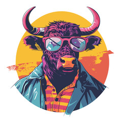 Portrait of a bull wearing sunglasses. Vector illustration in retro style.
