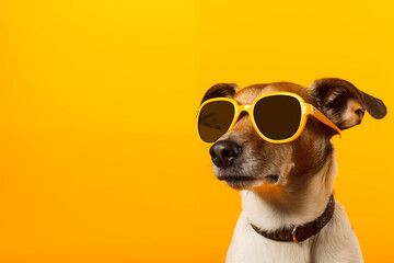 dog wearing glasses on yellow background, fashion concept