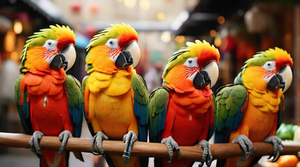 four parrots on a branch