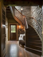 Rustic hallway with wooden stairs and stone wall. Modern entrance with door in cozy home interior design.
