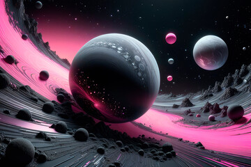 Space background with silver and pink alien planet landscape, stars, satellites and alien planets...