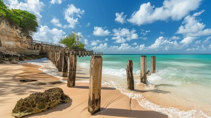 Beach in Barbados an island country in the Lesser Antilles, in the Caribbean region of North America. Ruined wooden pier.