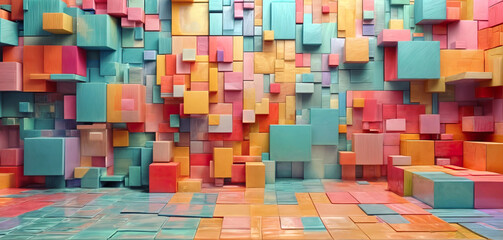 Abstract bright geometric pastel colors colored 3d gloss texture wall with squares and rectangles background banner illustration panorama long, textured wallpaper