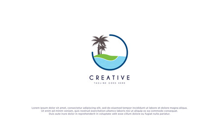 Island, Beach logo design with coconut tree vector illustration. Beach holiday flat logo isolated on white background