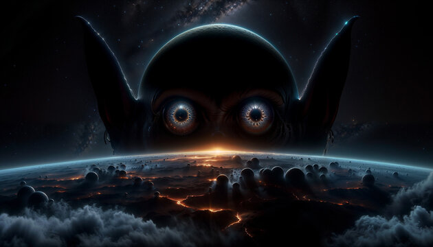 Celestial Overseer: Dawn of Consciousness Above the Cosmic Frontier, Creepy Eyes over planet